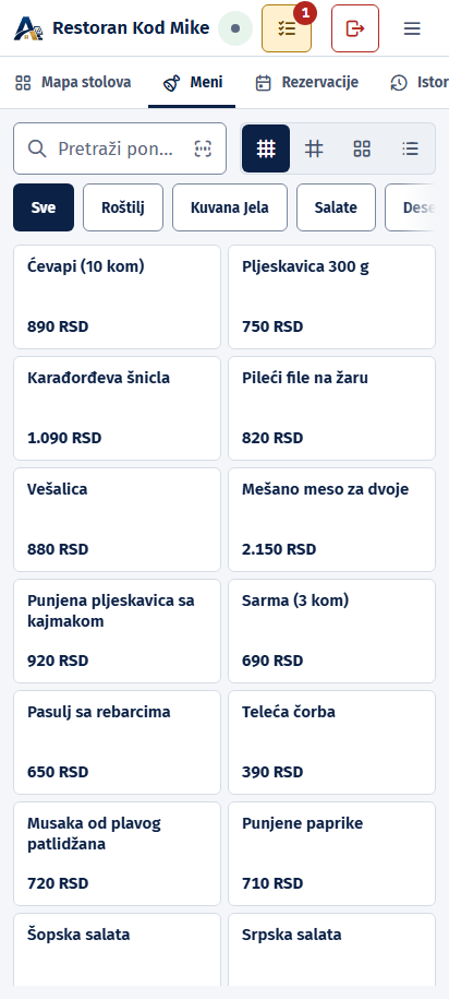 Pocket PDA: meni na telefonu konobara